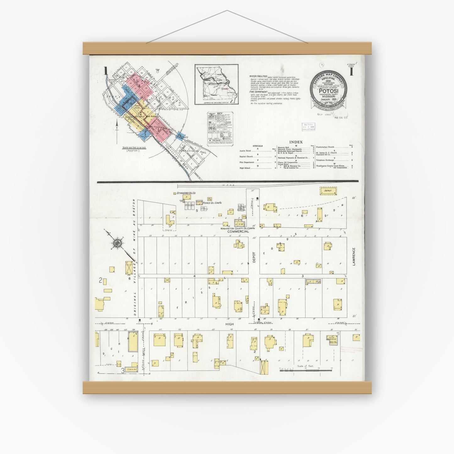 Old map wall art mockup — magnetic wood frame on white wall — Sanborn Fire Insurance Map from Potosi, Washington County, Missouri (1929) - Complete Map Set