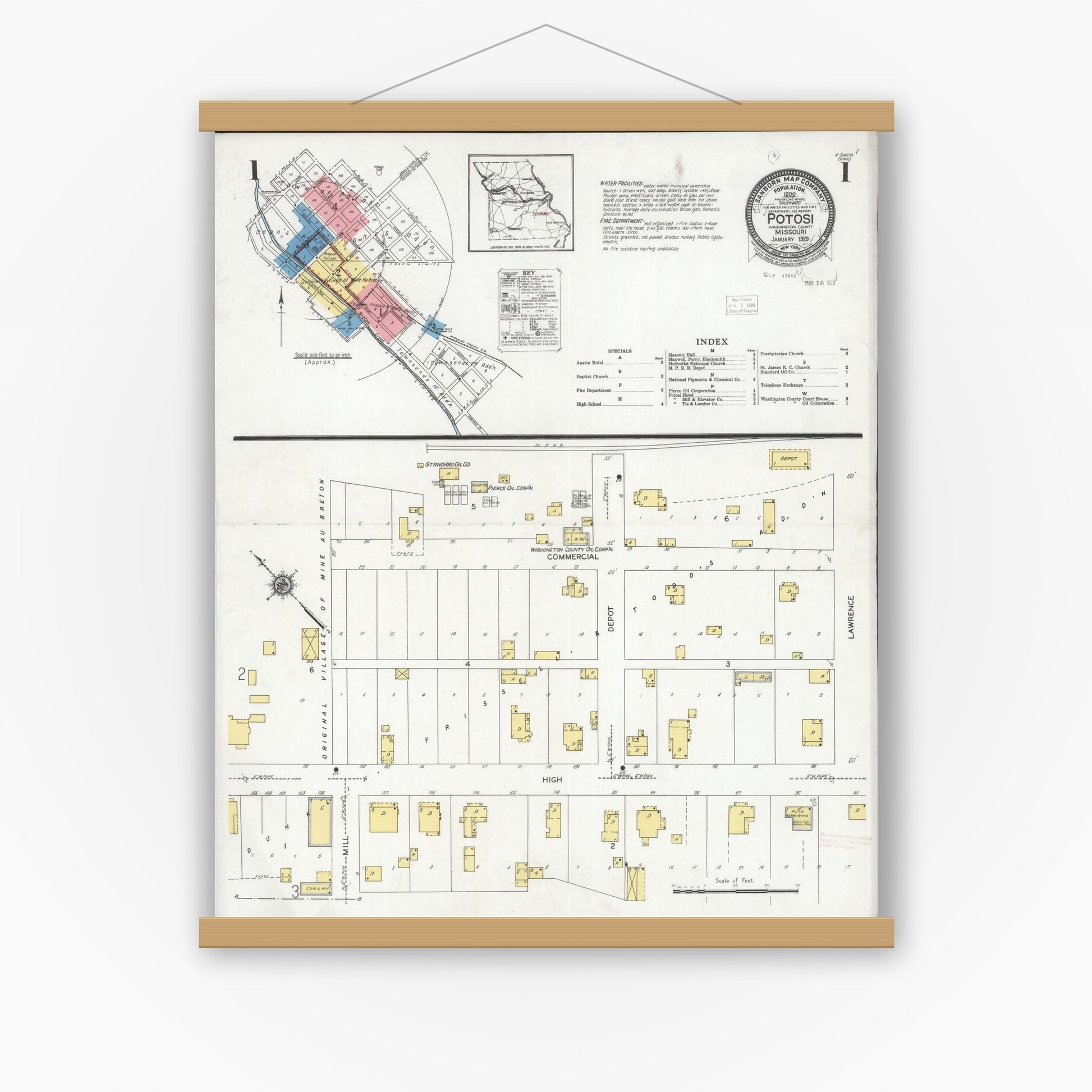 Old map wall art mockup — magnetic wood frame on white wall — Sanborn Fire Insurance Map from Potosi, Washington County, Missouri (1929) - Complete Map Set