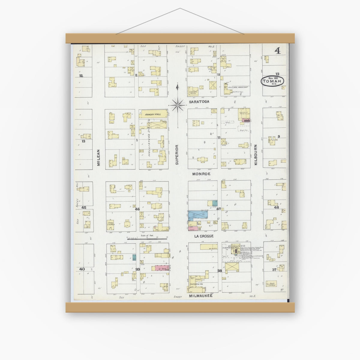 Old map wall art mockup — magnetic wood frame on white wall — Sanborn Fire Insurance Map from Tomah, Monroe County, Wisconsin (1891), Sheet #0004
