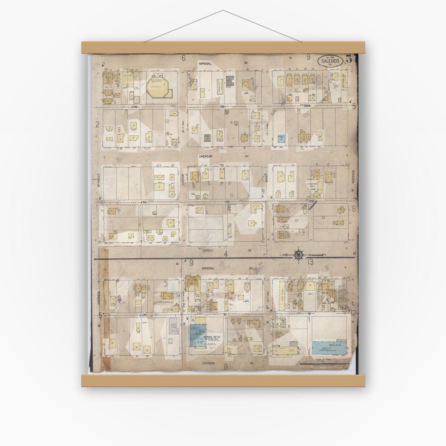 Old map wall art mockup — magnetic wood frame on white wall — Sanborn Fire Insurance Map from Calexico, Imperial County, California (1956), Sheet #0005