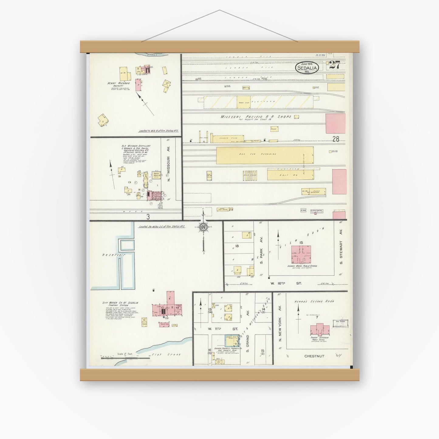 Old map wall art mockup — magnetic wood frame on white wall — Sanborn Fire Insurance Map from Sedalia, Pettis County, Missouri (1914), Sheet #0027