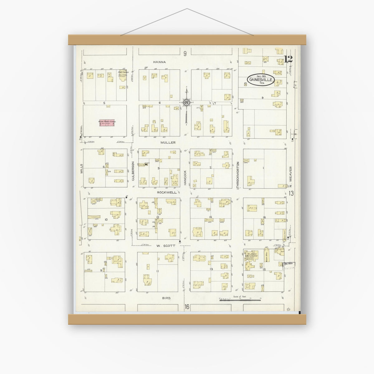 Old map wall art mockup — magnetic wood frame on white wall — Sanborn Fire Insurance Map from Gainesville, Cooke County, Texas (1913), Sheet #0012