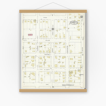Old map wall art mockup — magnetic wood frame on white wall — Sanborn Fire Insurance Map from Gainesville, Cooke County, Texas (1913), Sheet #0012