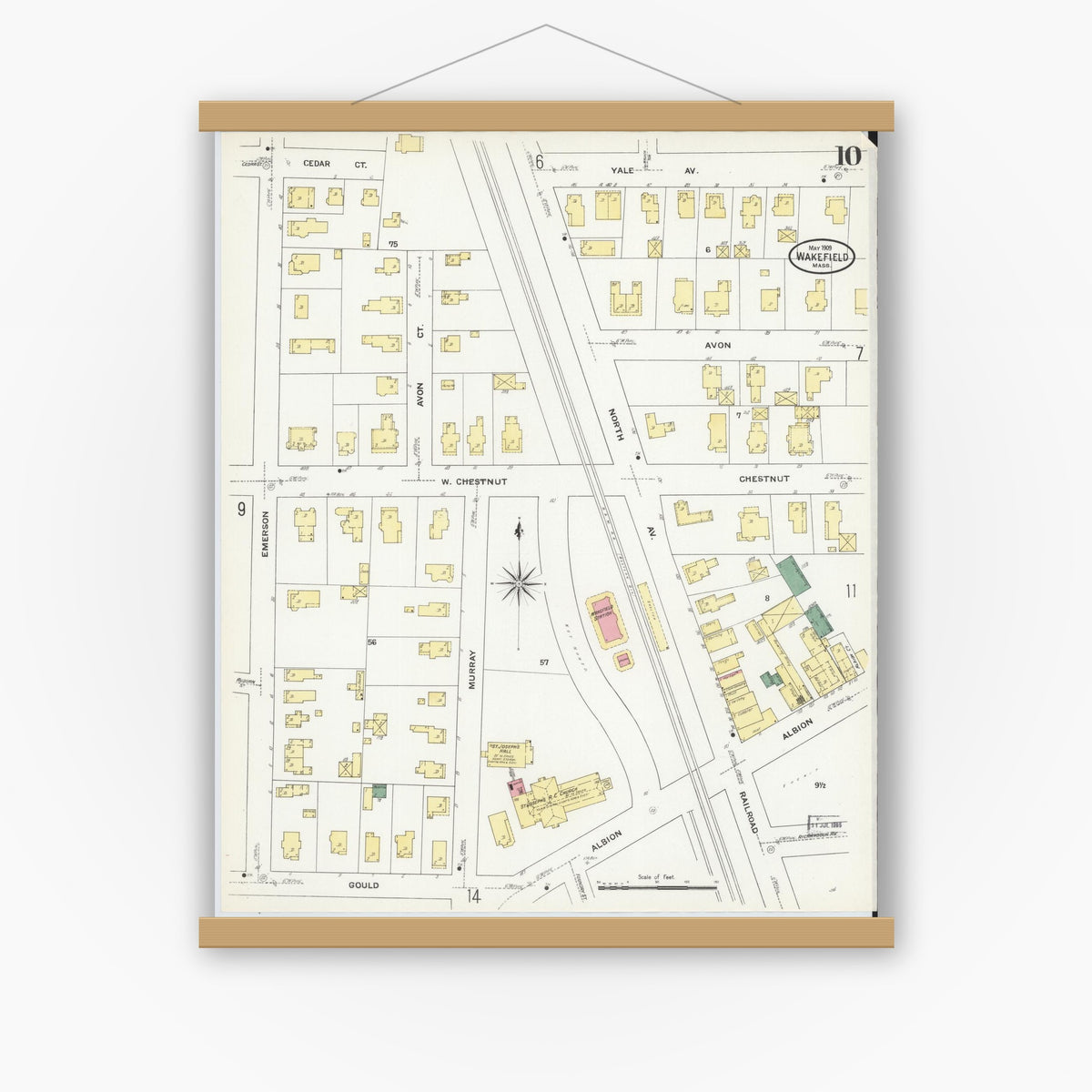 Old map wall art mockup — magnetic wood frame on white wall — Sanborn Fire Insurance Map from Wakefield, Middlesex County, Massachusetts (1909), Sheet #0010