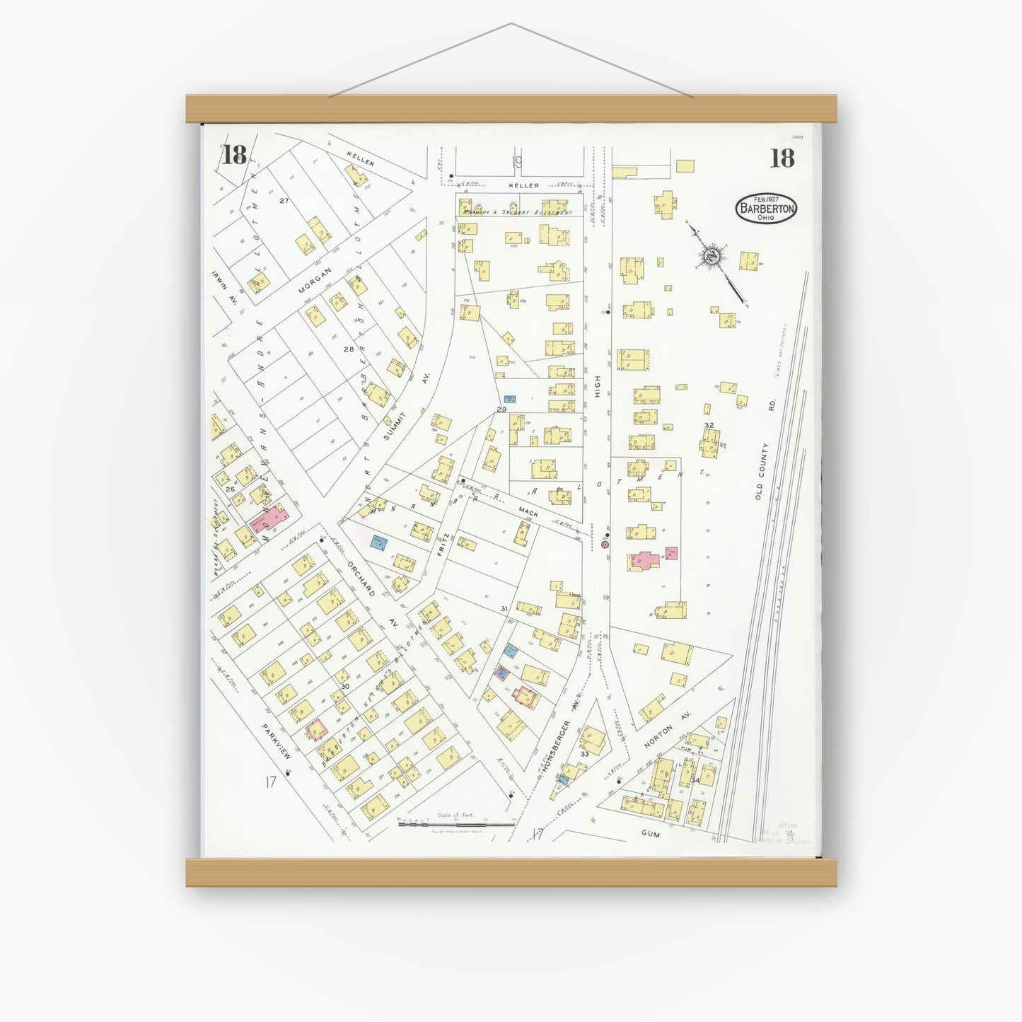 Old map wall art mockup — magnetic wood frame on white wall — Sanborn Fire Insurance Map from Barberton, Summit County, Ohio (1927), Sheet #0018