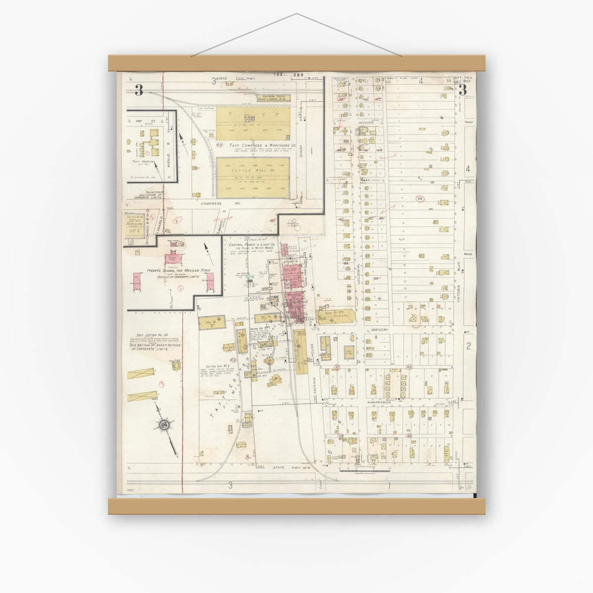 Old map wall art mockup — magnetic wood frame on white wall — Sanborn Fire Insurance Map from Taft, San Patricio County, Texas (1942), Sheet #0003