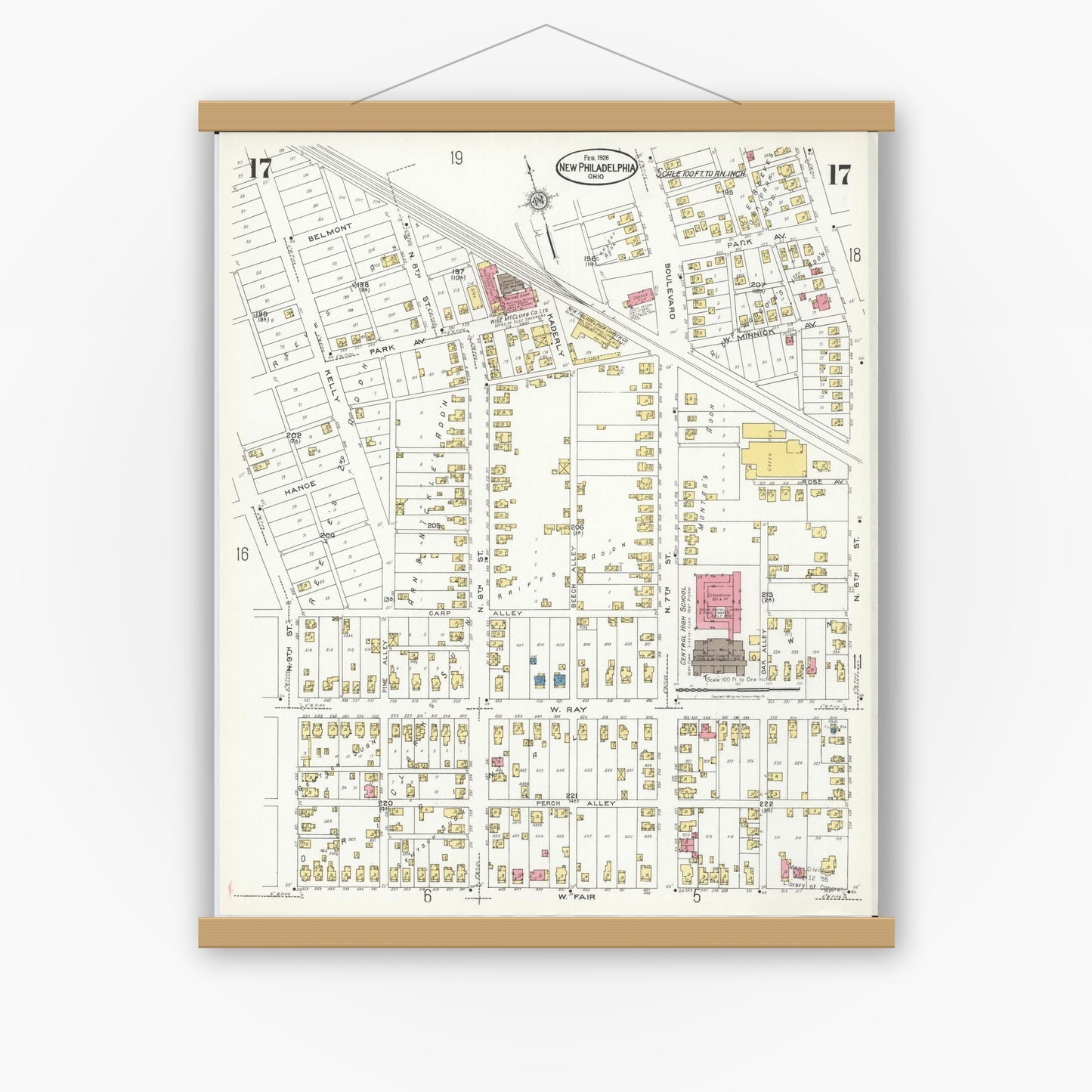 Old map wall art mockup — magnetic wood frame on white wall — Sanborn Fire Insurance Map from New Philadelphia, Tuscarawas County, Ohio (1926), Sheet #0017