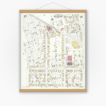 Old map wall art mockup — magnetic wood frame on white wall — Sanborn Fire Insurance Map from New Philadelphia, Tuscarawas County, Ohio (1926), Sheet #0017