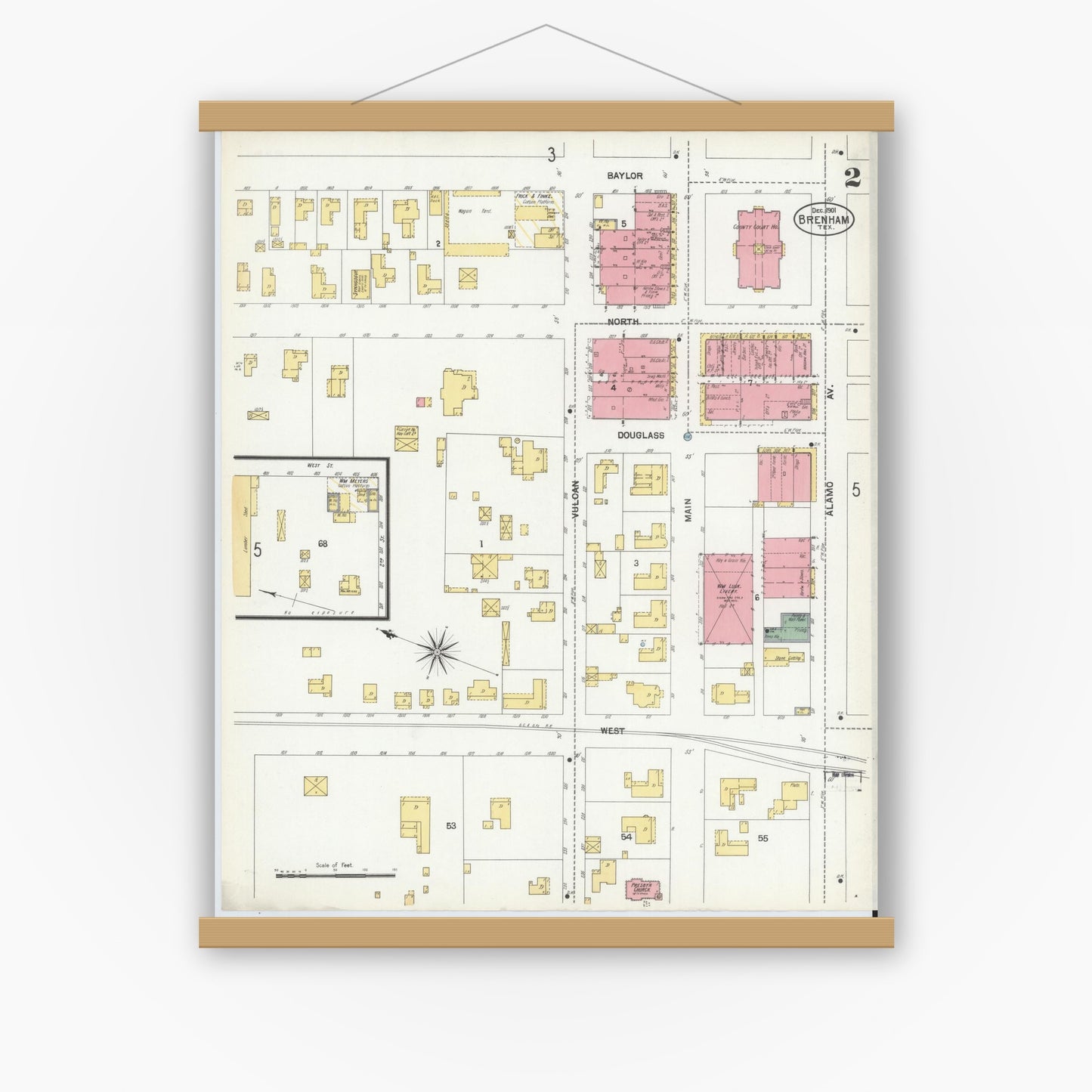 Old map wall art mockup — magnetic wood frame on white wall — Sanborn Fire Insurance Map from Brenham, Washington County, Texas (1901), Sheet #0002