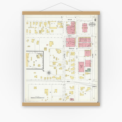 Old map wall art mockup — magnetic wood frame on white wall — Sanborn Fire Insurance Map from Brenham, Washington County, Texas (1901), Sheet #0002