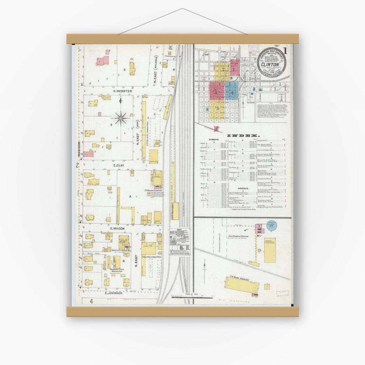 Old map wall art mockup — magnetic wood frame on white wall — Sanborn Fire Insurance Map from Clinton, De Witt County, Illinois (1904), Sheet #0001