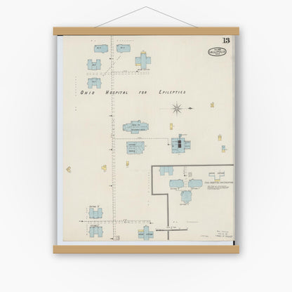 Old map wall art mockup — magnetic wood frame on white wall — Sanborn Fire Insurance Map from Gallipolis, Gallia County, Ohio (1895), Sheet #0013
