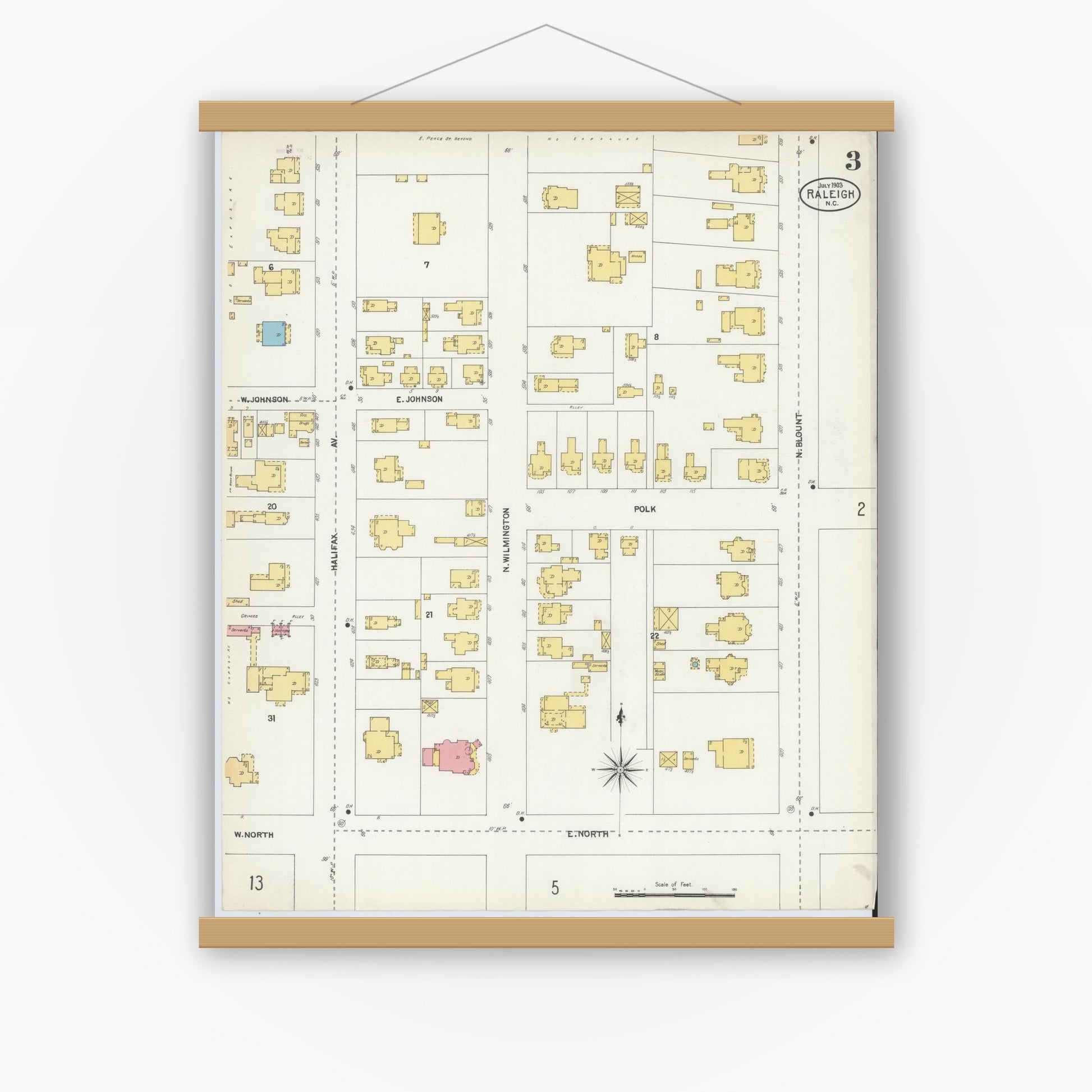 Old map wall art mockup — magnetic wood frame on white wall — Sanborn Fire Insurance Map from Raleigh, Wake County, North Carolina (1903), Sheet #0003