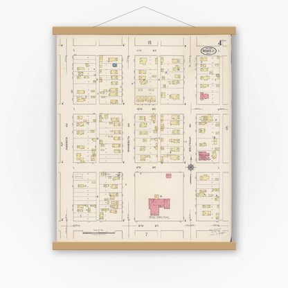 Old map wall art mockup — magnetic wood frame on white wall — Sanborn Fire Insurance Map from Bemidji, Beltrami County, Minnesota (1922), Sheet #0004