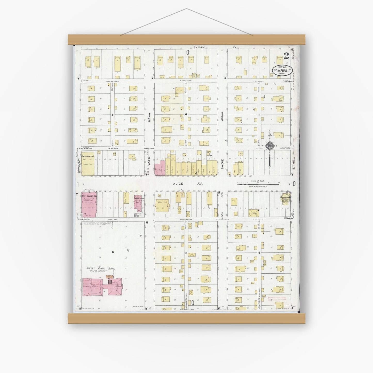 Old map wall art mockup — magnetic wood frame on white wall — Sanborn Fire Insurance Map from Marble, Itasca County, Minnesota (1921), Sheet #0002