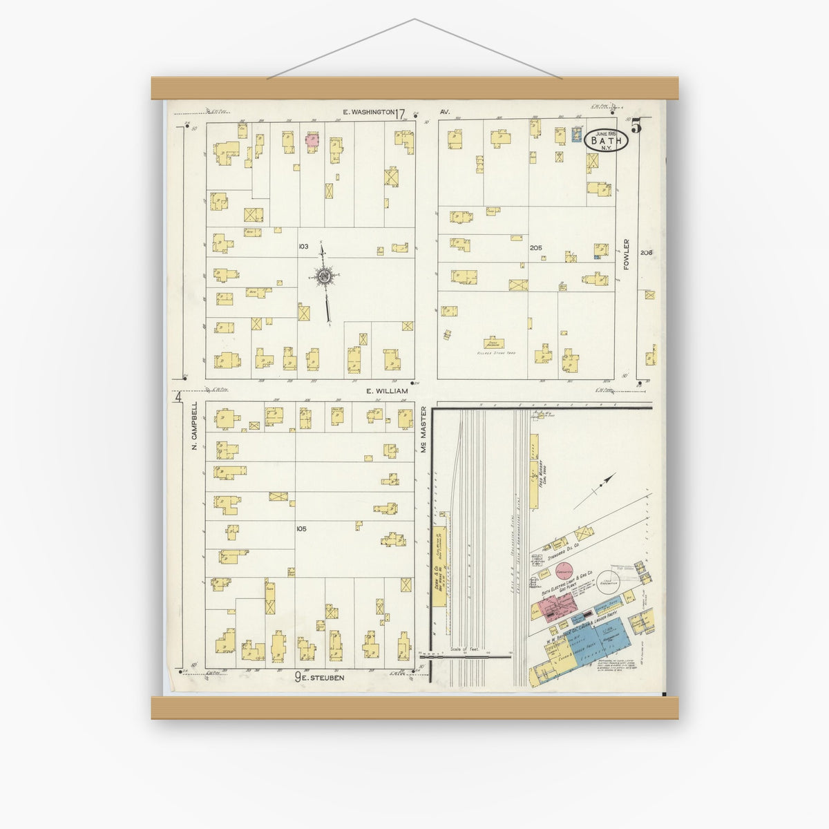 Old map wall art mockup — magnetic wood frame on white wall — Sanborn Fire Insurance Map from Bath, Steuben County, New York (1915), Sheet #0005
