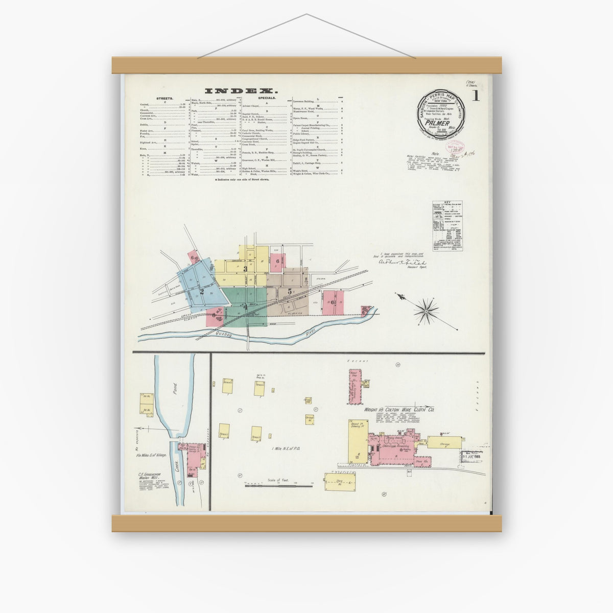 Old map wall art mockup — magnetic wood frame on white wall — Sanborn Fire Insurance Map from Palmer, Hampden County, Massachusetts (1896), Sheet #0001