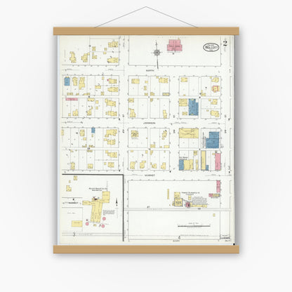 Old map wall art mockup — magnetic wood frame on white wall — Sanborn Fire Insurance Map from Wolcott, White County, Indiana (1919), Sheet #0002