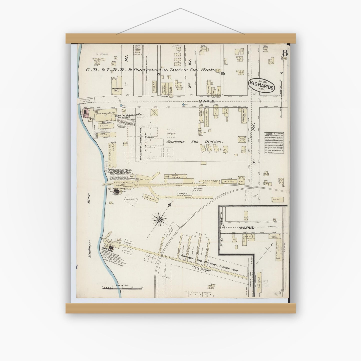 Old map wall art mockup — magnetic wood frame on white wall — Sanborn Fire Insurance Map from Big Rapids, Mecosta County, Michigan (1884), Sheet #0008