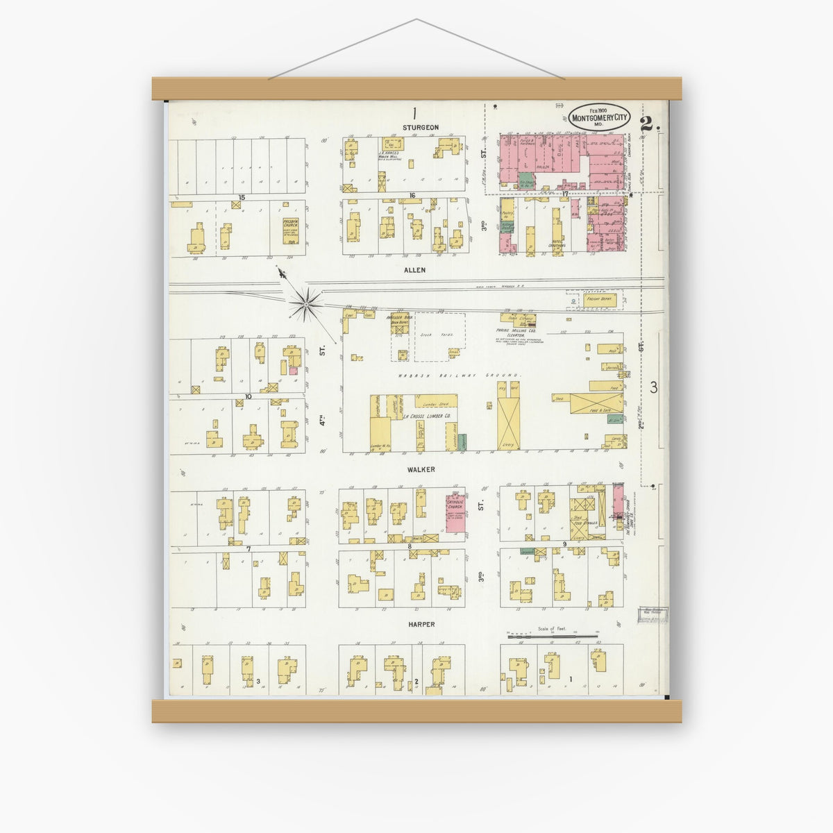 Old map wall art mockup — magnetic wood frame on white wall — Sanborn Fire Insurance Map from Montgomery City, Montgomery County, Missouri (1900), Sheet #0002
