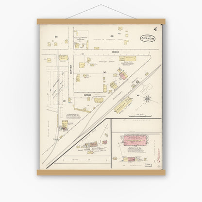 Old map wall art mockup — magnetic wood frame on white wall — Sanborn Fire Insurance Map from Anaheim, Orange County, California (1888), Sheet #0004
