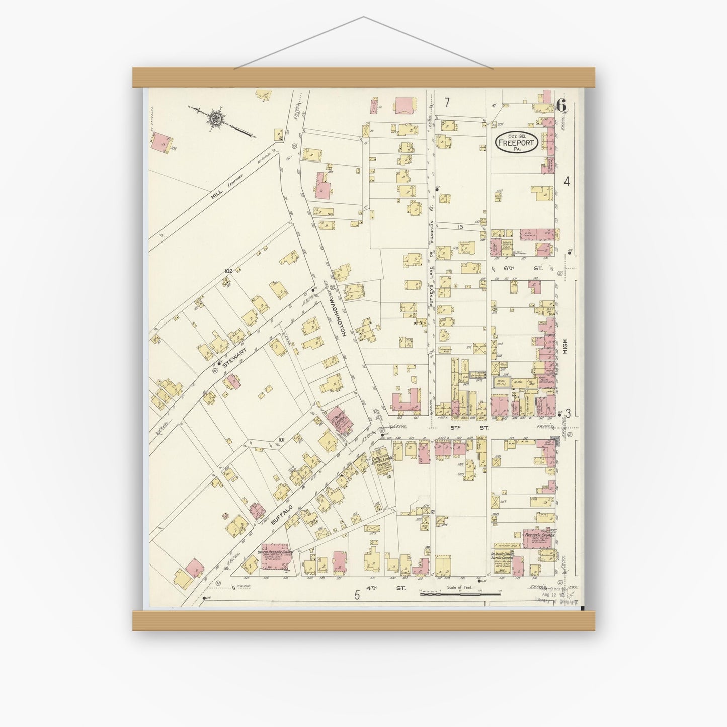 Old map wall art mockup — magnetic wood frame on white wall — Sanborn Fire Insurance Map from Freeport, Armstrong County, Pennsylvania (1913), Sheet #0006