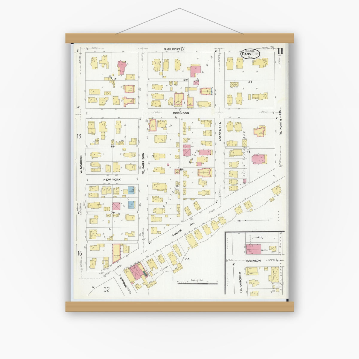 Old map wall art mockup — magnetic wood frame on white wall — Sanborn Fire Insurance Map from Danville, Vermilion County, Illinois (1909), Sheet #0011