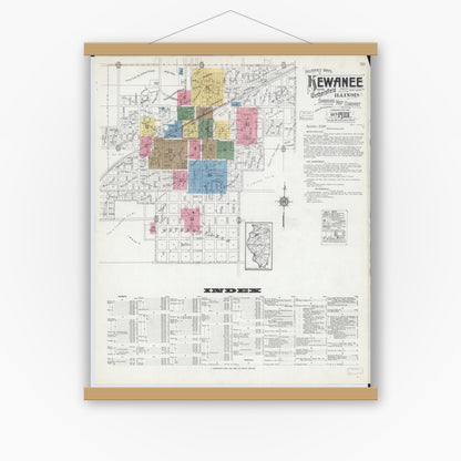 Old map wall art mockup — magnetic wood frame on white wall — Sanborn Fire Insurance Map from Kewanee, Henry County, Illinois (1918), Sheet #0001