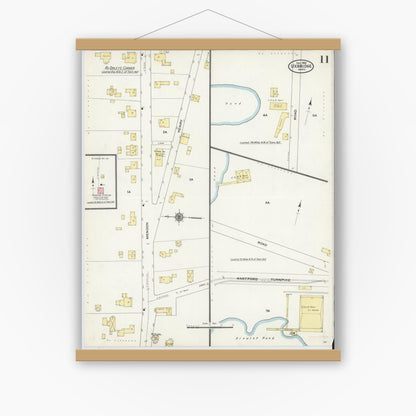 Old map wall art mockup — magnetic wood frame on white wall — Sanborn Fire Insurance Map from Uxbridge, Worcester County, Massachusetts (1909), Sheet #0011