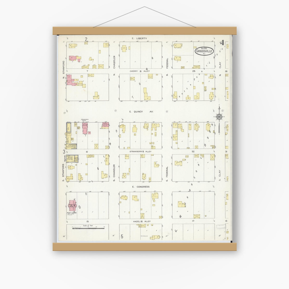 Old map wall art mockup — magnetic wood frame on white wall — Sanborn Fire Insurance Map from Griggsville, Pike County, Illinois (1913), Sheet #0004