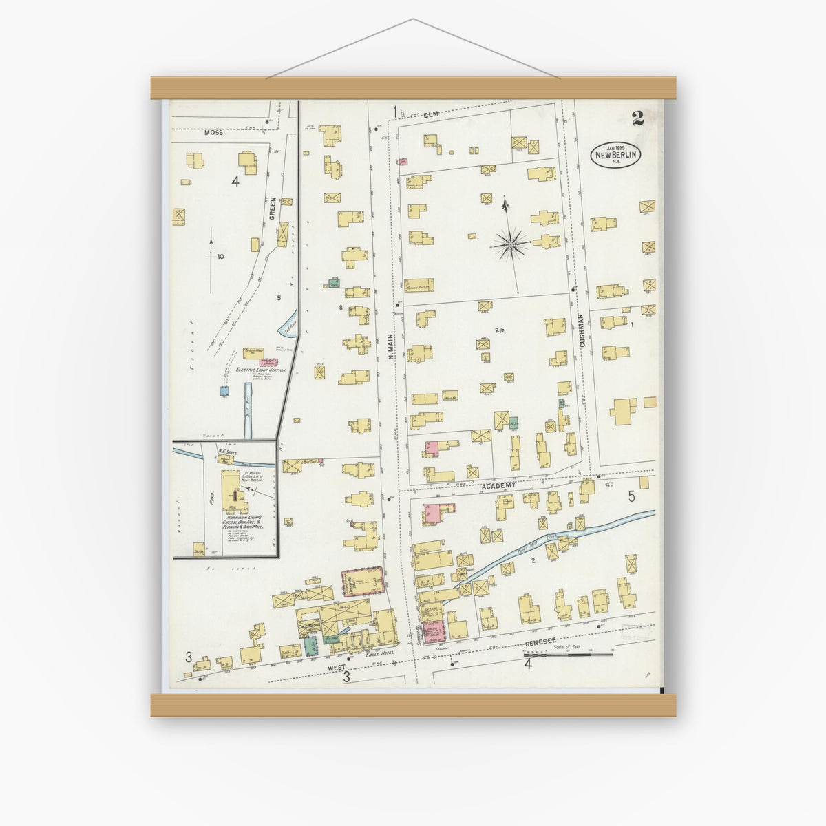Old map wall art mockup — magnetic wood frame on white wall — Sanborn Fire Insurance Map from New Berlin, Chenango County, New York (1899), Sheet #0002