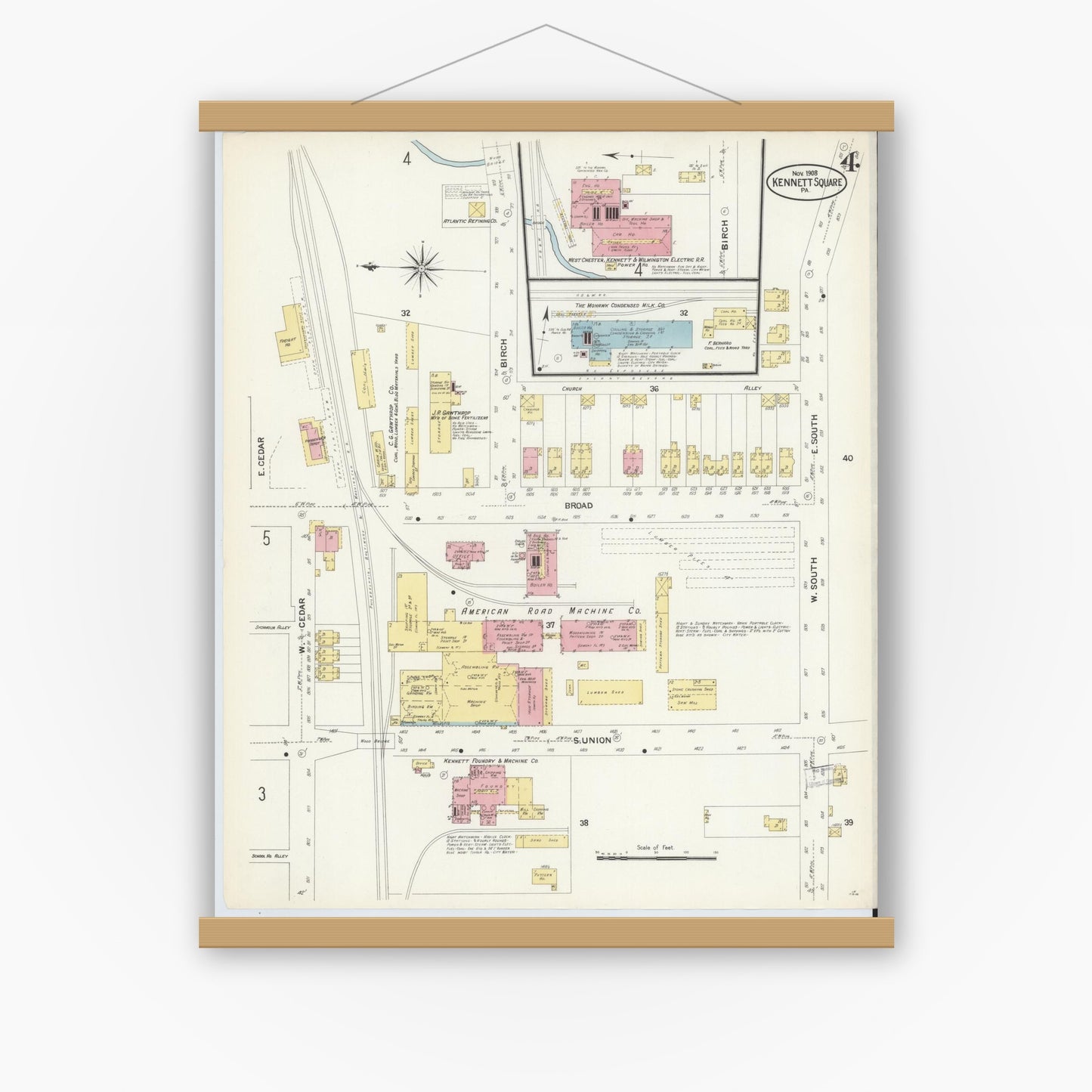 Old map wall art mockup — magnetic wood frame on white wall — Sanborn Fire Insurance Map from Kennett Square, Chester County, Pennsylvania (1908), Sheet #0004