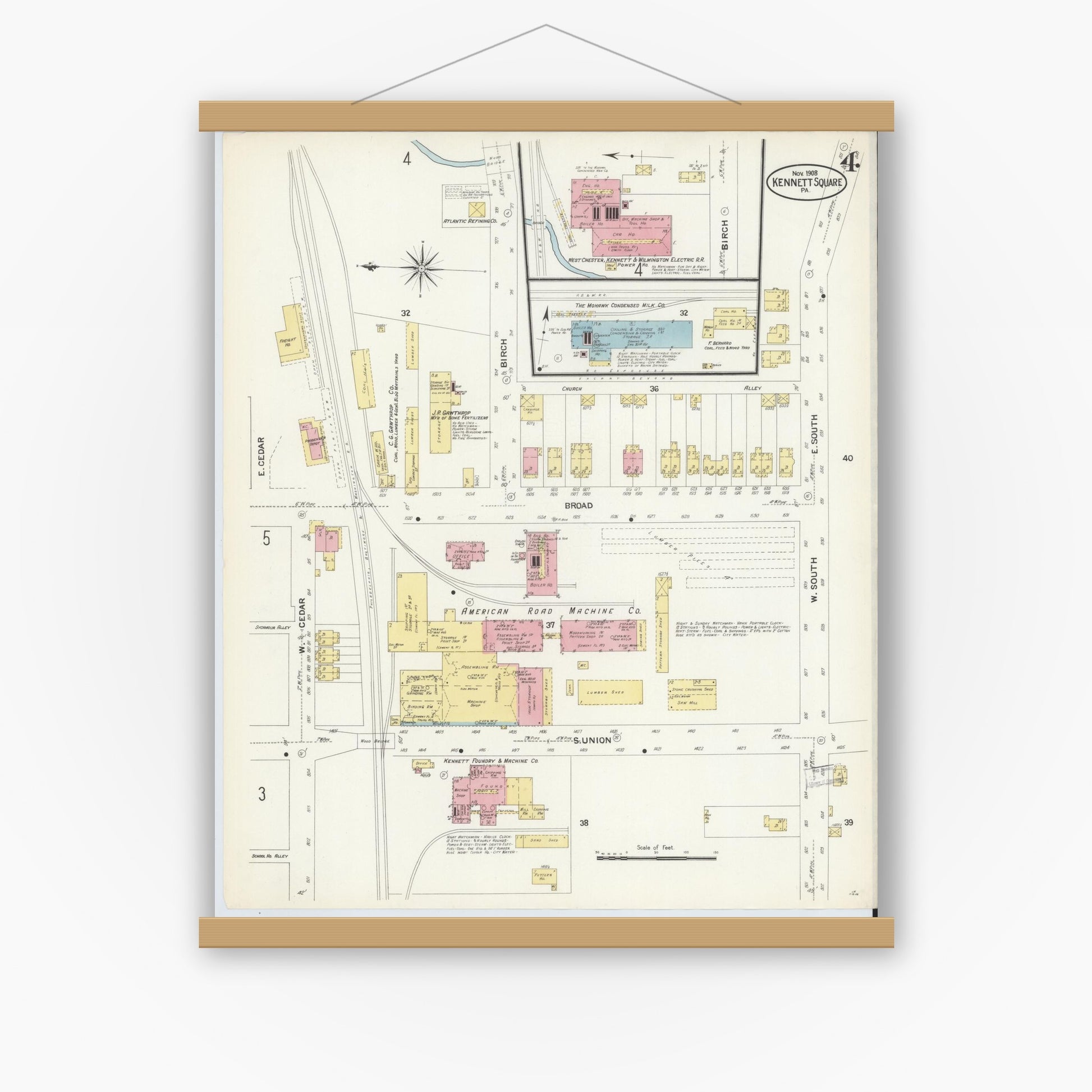 Old map wall art mockup — magnetic wood frame on white wall — Sanborn Fire Insurance Map from Kennett Square, Chester County, Pennsylvania (1908), Sheet #0004
