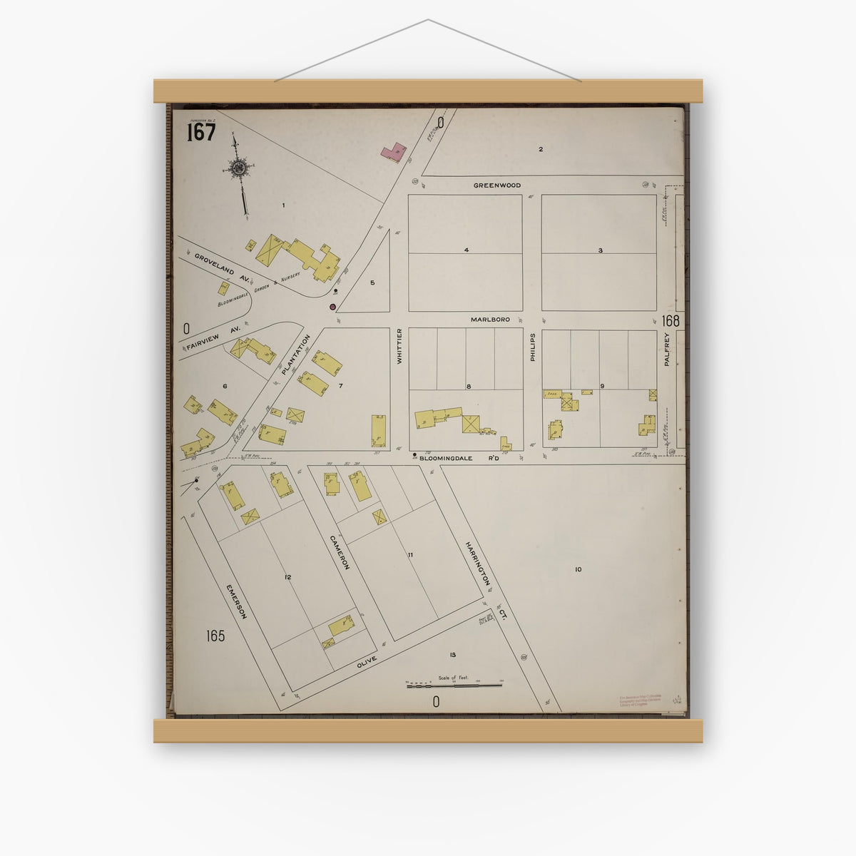Old map wall art mockup — magnetic wood frame on white wall — Sanborn Fire Insurance Map from Worcester, Worcester County, Massachusetts (1910), Sheet #0167