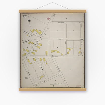 Old map wall art mockup — magnetic wood frame on white wall — Sanborn Fire Insurance Map from Worcester, Worcester County, Massachusetts (1910), Sheet #0167
