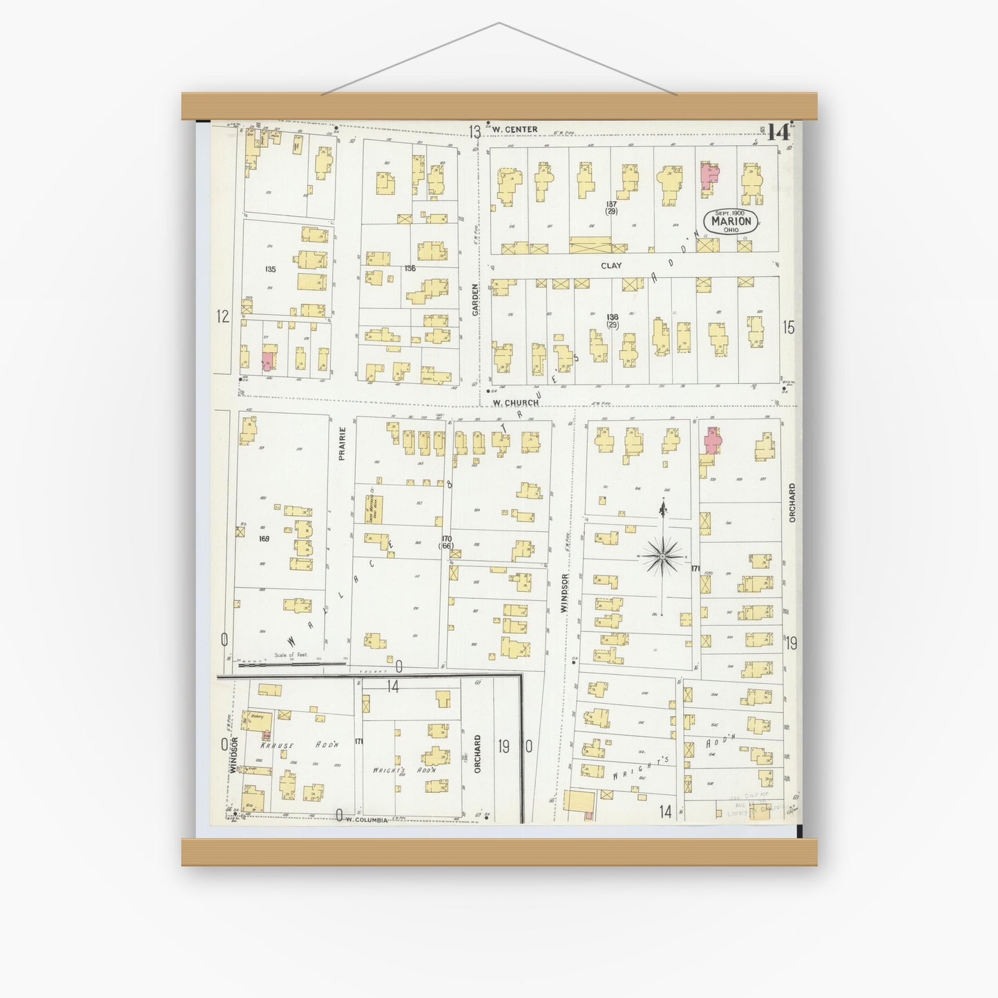Old map wall art mockup — magnetic wood frame on white wall — Sanborn Fire Insurance Map from Marion, Marion County, Ohio (1900), Sheet #0014