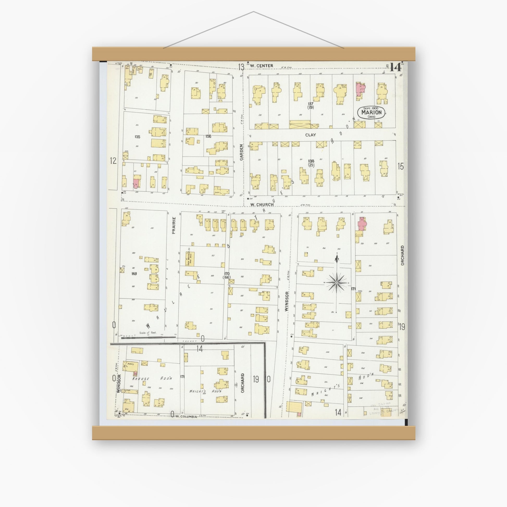 Old map wall art mockup — magnetic wood frame on white wall — Sanborn Fire Insurance Map from Marion, Marion County, Ohio (1900), Sheet #0014