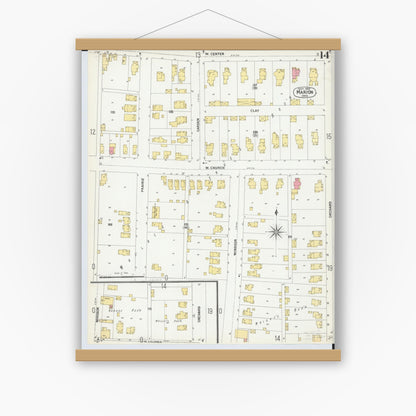 Old map wall art mockup — magnetic wood frame on white wall — Sanborn Fire Insurance Map from Marion, Marion County, Ohio (1900), Sheet #0014