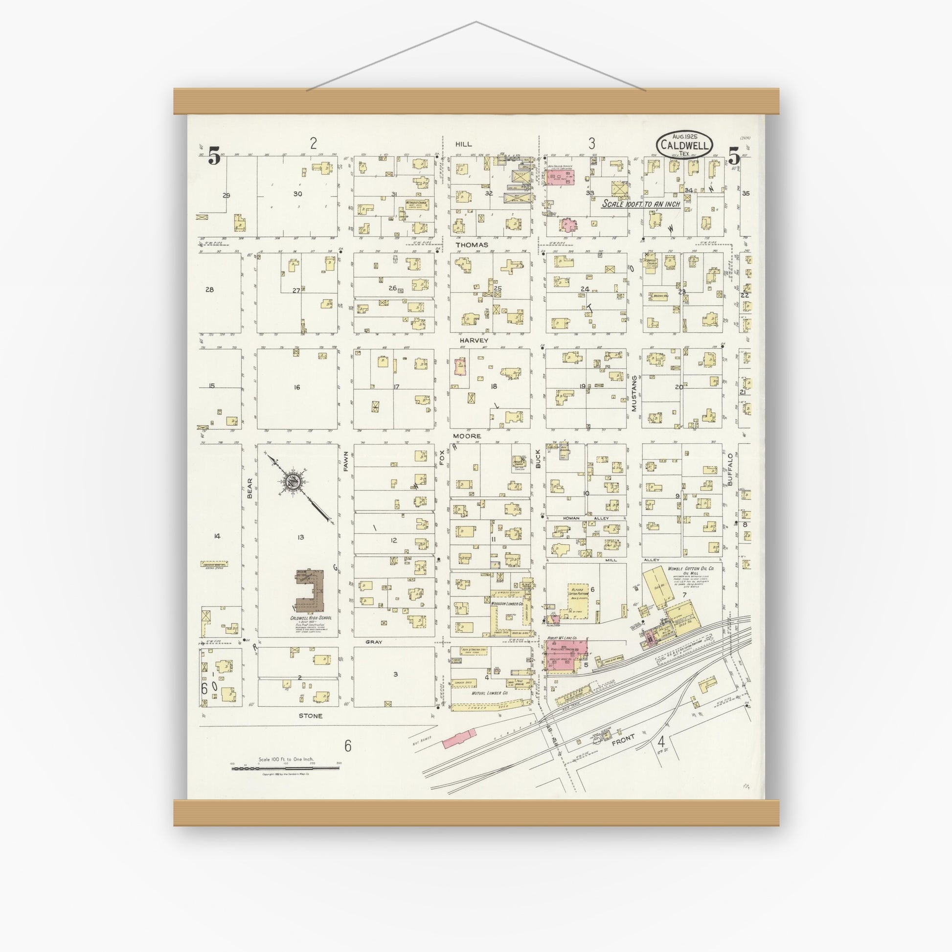 Old map wall art mockup — magnetic wood frame on white wall — Sanborn Fire Insurance Map from Caldwell, Burleson County, Texas (1925), Sheet #0005