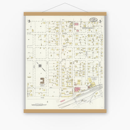 Old map wall art mockup — magnetic wood frame on white wall — Sanborn Fire Insurance Map from Caldwell, Burleson County, Texas (1925), Sheet #0005