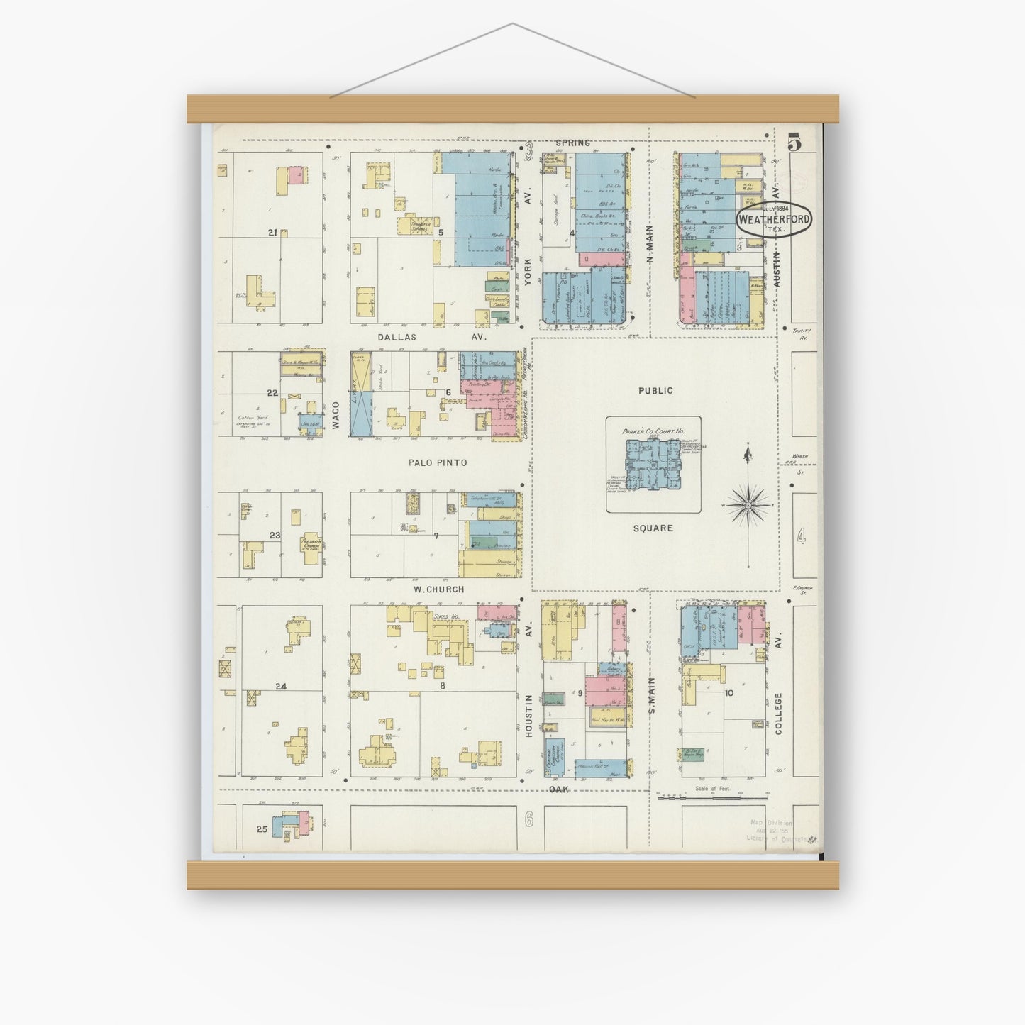 Old map wall art mockup — magnetic wood frame on white wall — Sanborn Fire Insurance Map from Weatherford, Parker County, Texas (1894), Sheet #0005