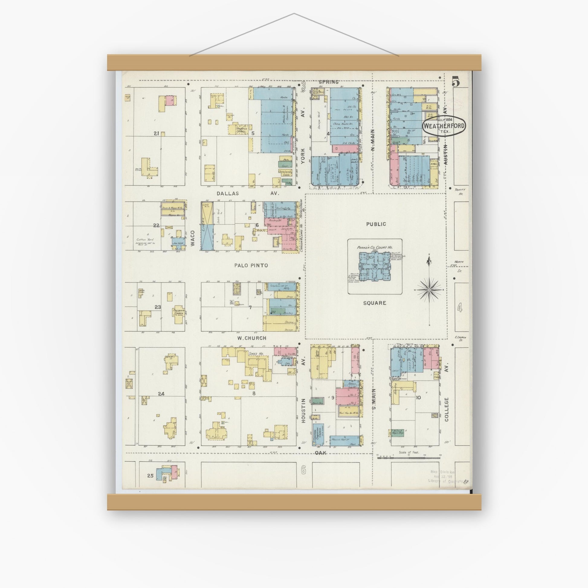 Old map wall art mockup — magnetic wood frame on white wall — Sanborn Fire Insurance Map from Weatherford, Parker County, Texas (1894), Sheet #0005