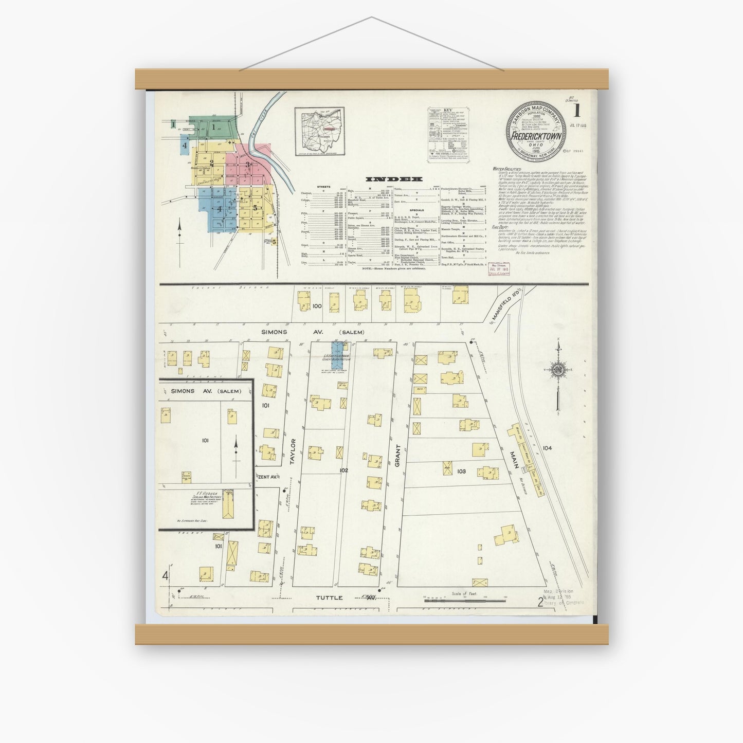 Old map wall art mockup — magnetic wood frame on white wall — Sanborn Fire Insurance Map from Fredericktown, Knox County, Ohio (1915), Sheet #0001