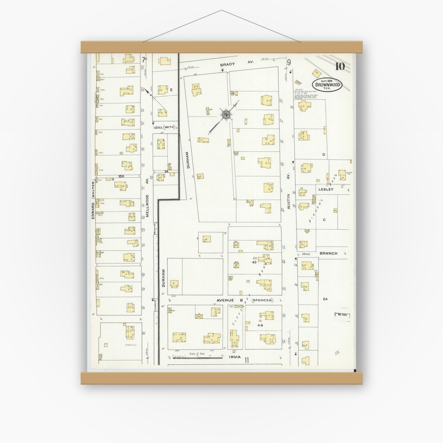 Old map wall art mockup — magnetic wood frame on white wall — Sanborn Fire Insurance Map from Brownwood, Brown County, Texas (1909), Sheet #0010
