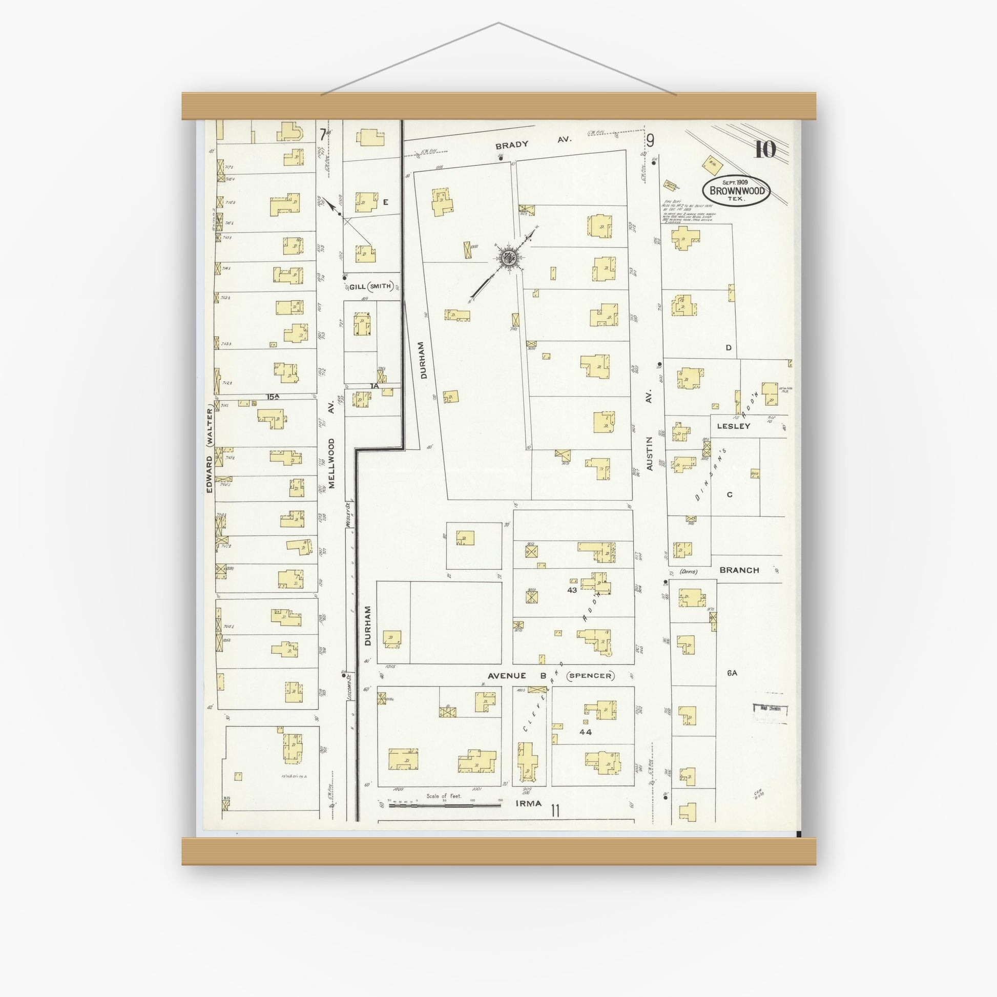 Old map wall art mockup — magnetic wood frame on white wall — Sanborn Fire Insurance Map from Brownwood, Brown County, Texas (1909), Sheet #0010