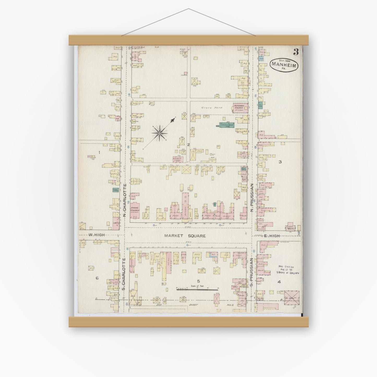 Old map wall art mockup — magnetic wood frame on white wall — Sanborn Fire Insurance Map from Manheim, Lancaster County, Pennsylvania (1886), Sheet #0003