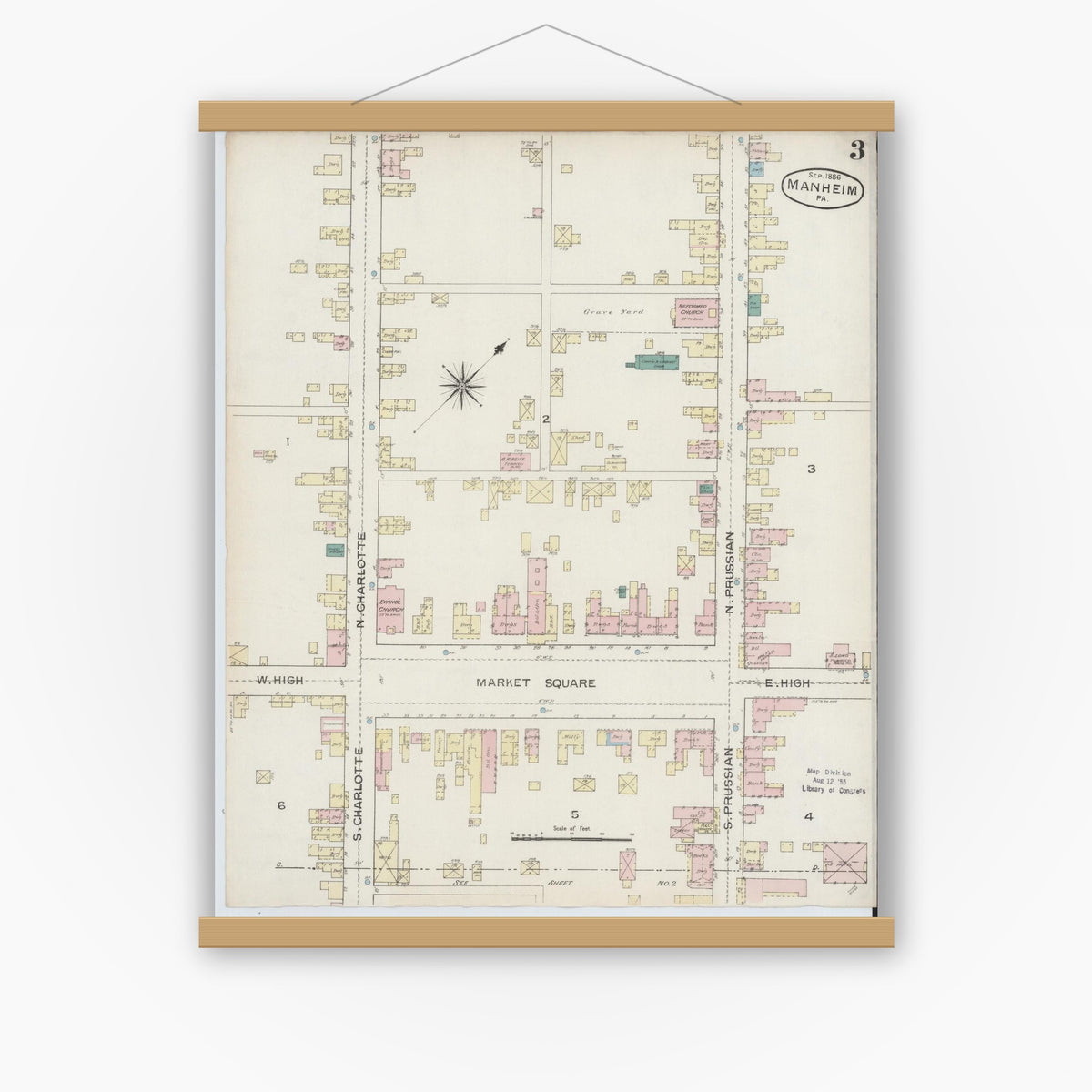 Old map wall art mockup — magnetic wood frame on white wall — Sanborn Fire Insurance Map from Manheim, Lancaster County, Pennsylvania (1886), Sheet #0003
