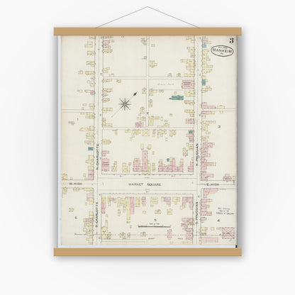 Old map wall art mockup — magnetic wood frame on white wall — Sanborn Fire Insurance Map from Manheim, Lancaster County, Pennsylvania (1886), Sheet #0003