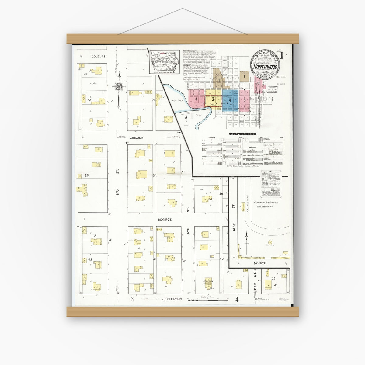 Old map wall art mockup — magnetic wood frame on white wall — Sanborn Fire Insurance Map from Northwood, Worth County, Iowa (1916) â€” Complete Set