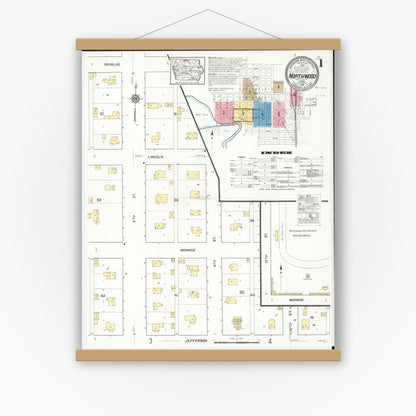 Old map wall art mockup — magnetic wood frame on white wall — Sanborn Fire Insurance Map from Northwood, Worth County, Iowa (1916) â€” Complete Set